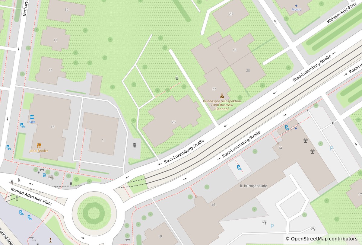 OpenStreetMap-Kartenausschnitt: Rosa-Luxemburg-Straße 26 in 18055 Rostock, nahe Konrad-Adenauer-Platz